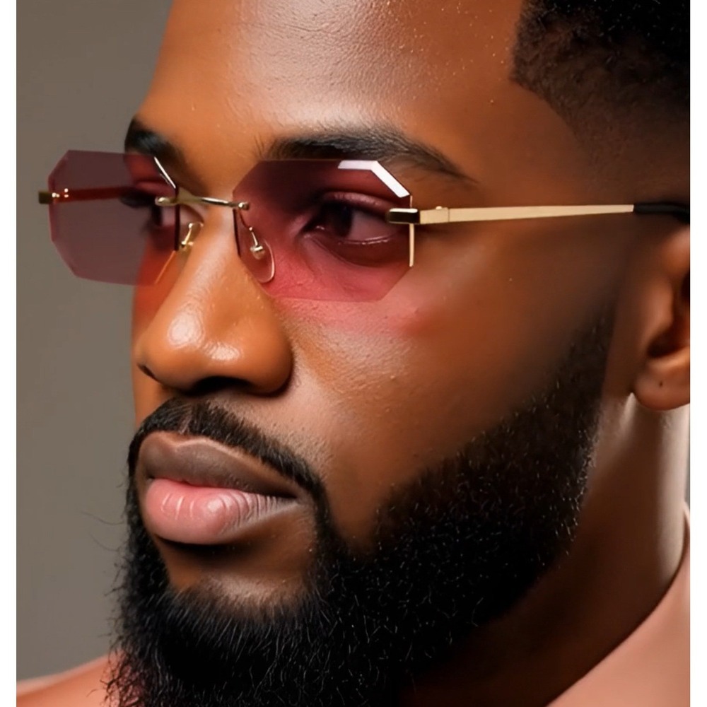 Rimless Sunglasses Octagon‎ Pink Lens Gold Frame Fashion Eyewear Street Wear New